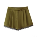 Women's Olive Green Satin Patchwork Shorts With Black Eyelash Lace Trim High Waist Pleated Casual Streetwear Party Shorts Bottoms For Women