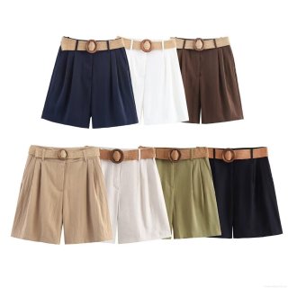Women's Casual High Waisted Wide Leg Shorts With Woven Belt Summer Solid Color Polyester Bermuda Shorts For Vacation Streetwear Ladies Fashion