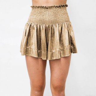 Women's Metallic Shiny Shorts High Waist Smocked Elastic Waist Ruffle Hem Skort Disco Party Clubwear Fashion Wide Leg Shorts