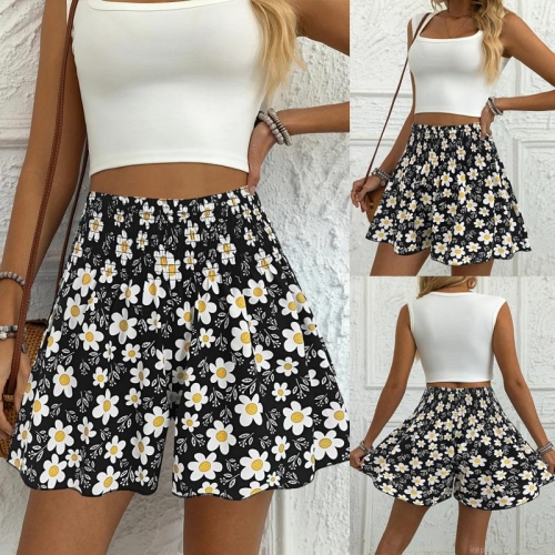 Women's Summer Daisy Floral Print Skirt-Pants Casual Elastic High Waist Loose Beach Shorts Comfortable Lightweight A-Line Bottoms