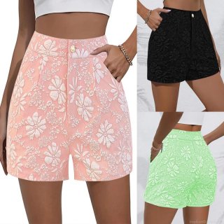 Women's High Waist Jacquard Floral Shorts Summer Casual Slim Fit Mini Pants With Pockets Elegant Textured Polyester Spandex Shorts Pink Black Green