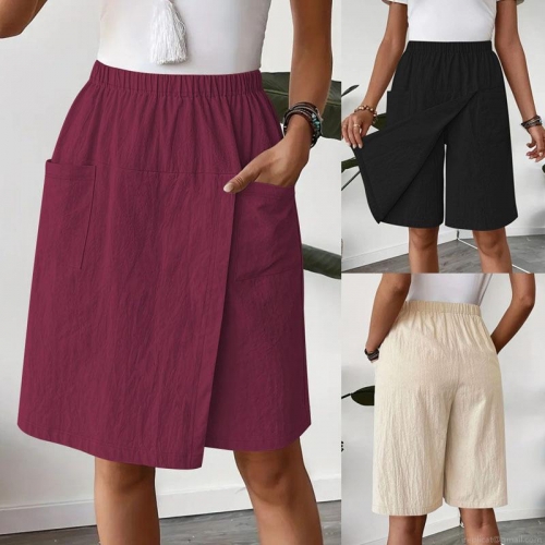 Women's Plus Size Wide Leg Culottes Shorts High Waist Elastic Waistband Casual Summer Split Hem Pleated Short Pants With Pockets Polyester Spandex Blend