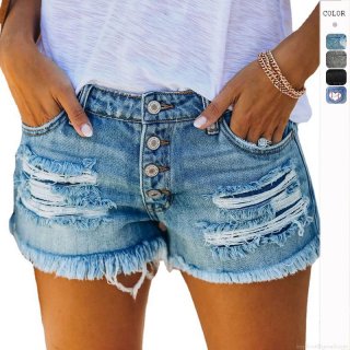 Women's Distressed Denim Shorts Fashion High Waisted Button Fly Frayed Hem Ripped Jean Shorts With Heart Print Summer Casual Streetwear Hot Pants