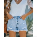 Women's High Waisted Denim Shorts Distressed Ripped Raw Hem 5-Button Fly Light Blue Jean Shorts Summer Casual Fashion Bottoms for Women