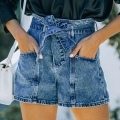 Women's High Waist Denim Shorts With Removable Belt Retro Washed Straight Leg Jean Shorts Casual Summer Paperbag Cotton Blend Bottoms For Women