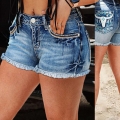 Women's Vintage Denim Shorts Bull Head Embroidery High Waist Frayed Hem Tassel Hot Pants Summer Casual Boho Jean Shorts for Women