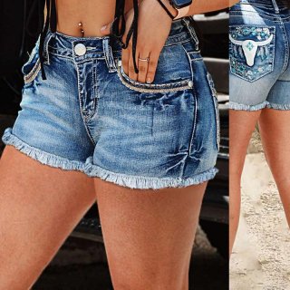 Women's Vintage Denim Shorts Bull Head Embroidery High Waist Frayed Hem Tassel Hot Pants Summer Casual Boho Jean Shorts for Women