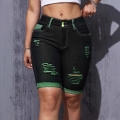 Women's Sexy Ripped Denim Shorts High Waist Double Button Contrast Black Green Five-point Jeans Streetwear Summer Distressed Short Pants Ladies Fashion Casual Bottoms
