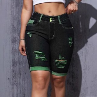 Women's Sexy Ripped Denim Shorts High Waist Double Button Contrast Black Green Five-point Jeans Streetwear Summer Distressed Short Pants Ladies Fashion Casual Bottoms
