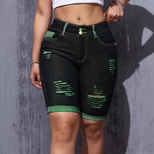 Women's Sexy Ripped Denim Shorts High Waist Double Button Contrast Black Green Five-point Jeans Streetwear Summer Distressed Short Pants Ladies Fashion Casual Bottoms