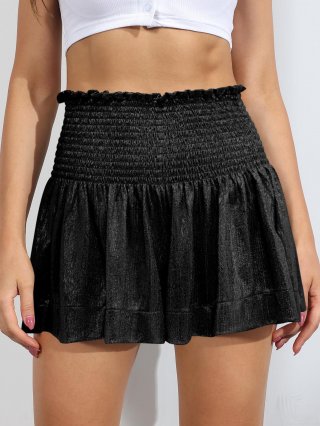 Women's High Waisted Metallic Shorts Shiny Ruched Elastic Waist Booty Shorts Sexy Ruffle Flare Wide Leg Shorts for Club Party Cheerleading Dance