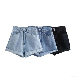 Women's High Waisted Cuffed Denim Shorts 100% Cotton Loose Fit Straight Leg Jeans Shorts For Summer Casual Fashion Ladies