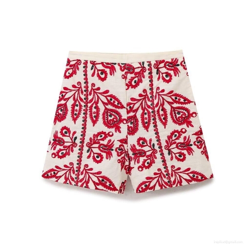 Women's High Waisted Cotton Blend Floral Embroidered Shorts Sweet Slim Fit A-Line Straight Leg Casual Autumn Bottoms For Women