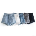 Women's High Waist Denim Shorts Frayed Raw Hem Distressed Ripped Straight Leg Polyester Spandex Shorts Casual Summer Slimming Hot Pants For Women