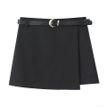 Women Stylish Casual Black Skort With Leather Belt Golden Moon Buckle Double Breasted Summer Short Skirt Pants High Quality Polyester Commuter Fashion Bottoms