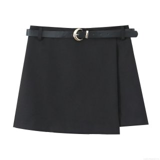 Women Stylish Casual Black Skort With Leather Belt Golden Moon Buckle Double Breasted Summer Short Skirt Pants High Quality Polyester Commuter Fashion Bottoms
