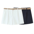 Women's Casual Pleated Shorts With Brown Belt Straight Leg Spandex Woven Summer Short Pants For Daily Office Wear