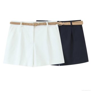 Women's Casual Pleated Shorts With Brown Belt Straight Leg Spandex Woven Summer Short Pants For Daily Office Wear