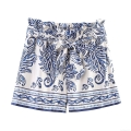 Women Summer Satin Texture Printed Shorts High Waist Paisley Floral Shorts With Removable Belt Elegant Casual Beach Vacation Bottoms For Ladies