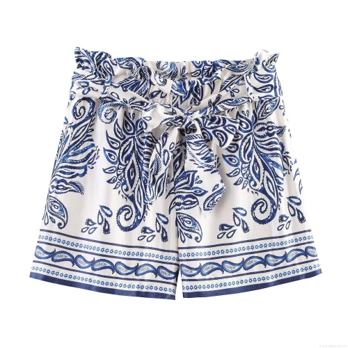 Women Summer Satin Texture Printed Shorts High Waist Paisley Floral Shorts With Removable Belt Elegant Casual Beach Vacation Bottoms For Ladies