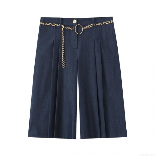 Women's High Waisted Wide Leg Bermuda Shorts With Metal Chain Belt Summer Casual Polyester Spandex Dark Blue Straight Cut Culottes Women Bottoms