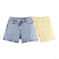 Women Fashion Asymmetric High Waist Denim Shorts Casual Side Slit Straight Leg Washed Cotton Blend Shorts for Summer Ladies