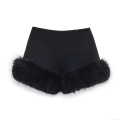 Women's Elegant High Waist Shorts With Faux Fur Trim Fashion Casual Polyester Blend Short Pants For Autumn Winter Lady Party Wear