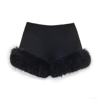 Women's Elegant High Waist Shorts With Faux Fur Trim Fashion Casual Polyester Blend Short Pants For Autumn Winter Lady Party Wear
