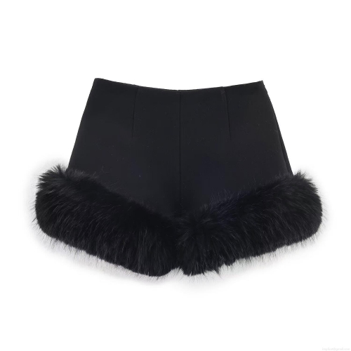 Women's Elegant High Waist Shorts With Faux Fur Trim Fashion Casual Polyester Blend Short Pants For Autumn Winter Lady Party Wear