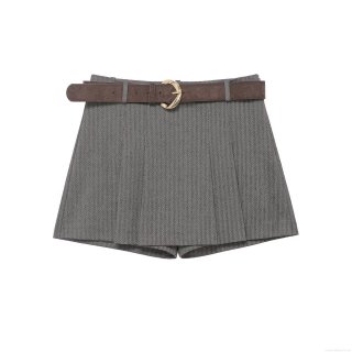 Women's Vintage Herringbone High Waist Pleated Skorts With Brown Suede Belt Elegant Grey Mini Shorts For Autumn Winter Daily Wear