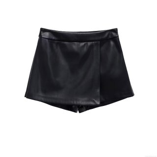 Women Fashion High Waist Faux Leather Skort Winter Stitching Slim Fit Mini Skirt Shorts For Daily Party Sexy Hot Girl Style Black
