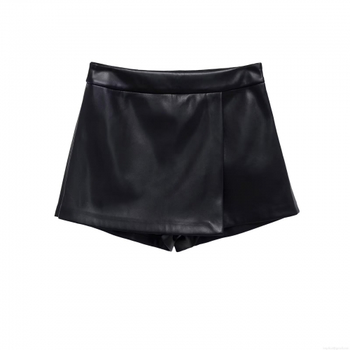Women Fashion High Waist Faux Leather Skort Winter Stitching Slim Fit Mini Skirt Shorts For Daily Party Sexy Hot Girl Style Black