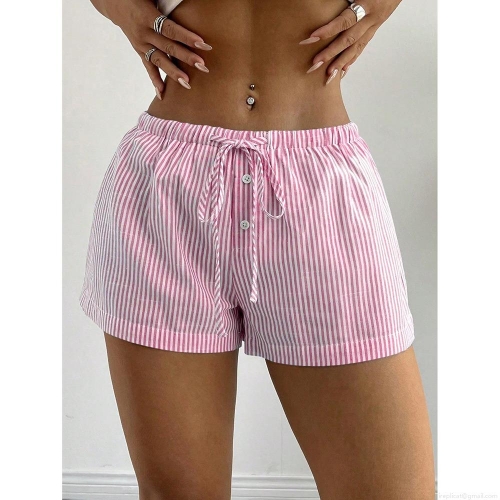 Women's Striped Casual Shorts Elastic High Waist Drawstring Loose Summer Beach Shorts With Pockets Soft Breathable Home Pajama Bottoms