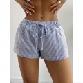 Women Striped Shorts Polyester Cotton Blend Drawstring Elastic Waist Casual Beach Summer Shorts With Decorative Buttons Loose Fit Pockets Bottoms