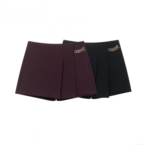 Women's High Waist A-Line Shorts With Metal Chain Minimalist Solid Color Wide Pleated Casual Skort Shorts For Daily Party Women's Bottoms