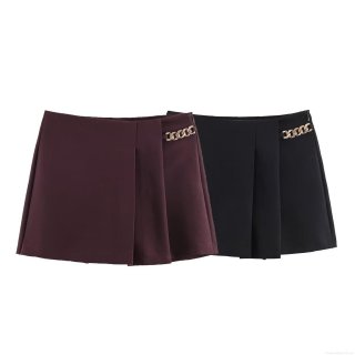 Women's Fashion High Waist Pleated Shorts With Metal Chain Decor Sexy A-Line Skort For Party Clubwear Casual Summer Bottoms Polyester Spandex