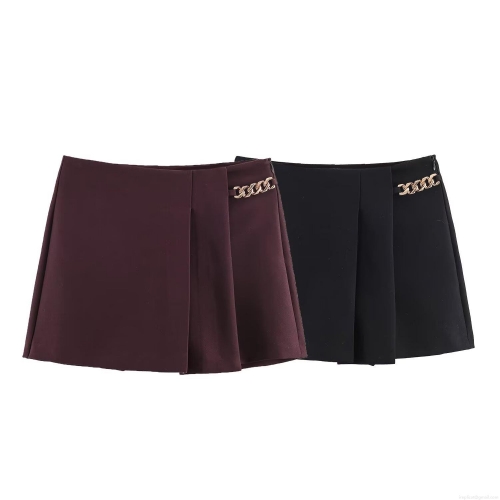 Women's Fashion High Waist Pleated Shorts With Metal Chain Decor Sexy A-Line Skort For Party Clubwear Casual Summer Bottoms Polyester Spandex