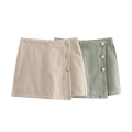 Women High Waist Denim Skorts Wrap Mini Skirt With Side Decorative Pearl Buttons Casual Solid Cotton Blend Short Pants For Daily Wear