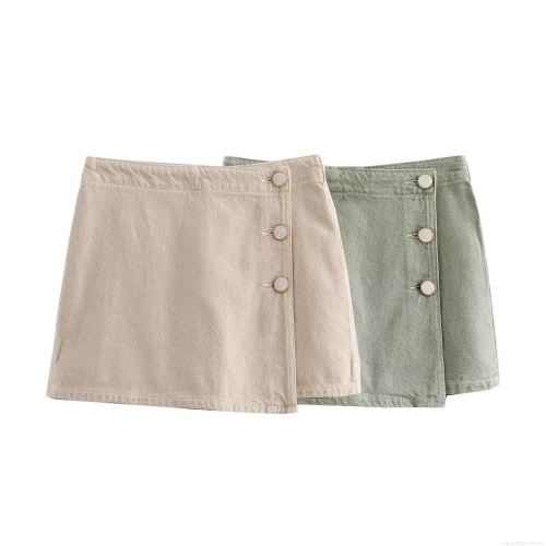 Women High Waist Denim Skorts Wrap Mini Skirt With Side Decorative Pearl Buttons Casual Solid Cotton Blend Short Pants For Daily Wear