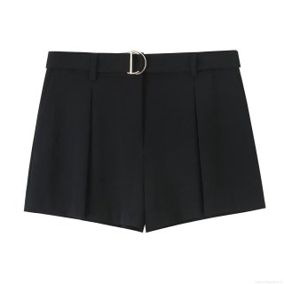 Women's Casual Pleated Shorts High Waisted With Belt Gold Metal D Buckle Solid Color Breathable Wide Leg Summer Short Pants For Ladies