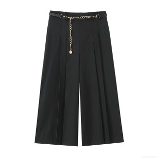 Women's High Waisted Wide Leg Shorts With Metal Chain Belt Solid Color Loose Fit Culottes Casual Office Work Polyester Shorts For Women