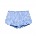 Women French Style Blue White Striped Puffy Mini Shorts Sweet Elastic Waist Bloomers With Pink Flower Decoration Comfortable Cotton Blend Summer Loungewear Shorts