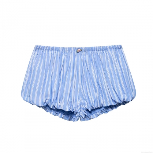 Women French Style Blue White Striped Puffy Mini Shorts Sweet Elastic Waist Bloomers With Pink Flower Decoration Comfortable Cotton Blend Summer Loungewear Shorts