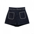 Women High Waist Denim Shorts With Contrast White Topstitching Large Pockets Dark Blue Polyester Casual Sweet Style Shorts For Women