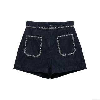 Women High Waist Denim Shorts With Contrast White Topstitching Large Pockets Dark Blue Polyester Casual Sweet Style Shorts For Women