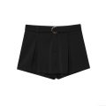 Women High Waisted Pleated Shorts With Belt Gold Metal Buckle Black Solid Color Polyester Office Casual Summer Shorts For Women