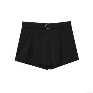 Women High Waisted Pleated Shorts With Belt Gold Metal Buckle Black Solid Color Polyester Office Casual Summer Shorts For Women