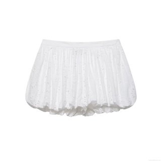Women's White Eyelet Embroidery Balloon Shorts High Waist Puffy Broderie Anglaise Cotton Blend Summer Casual Short Pants for Vacation Ladies