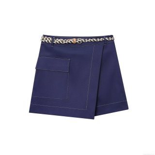 Women's Navy Blue Polyester Skort With Braided Belt Contrast White Stitching High Waist Wrap Design Mini Skirt Shorts For Casual Summer Fashion Lady Clothes