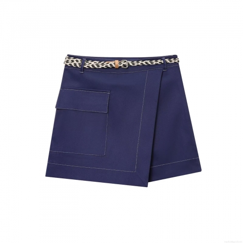 Women's Navy Blue Polyester Skort With Braided Belt Contrast White Stitching High Waist Wrap Design Mini Skirt Shorts For Casual Summer Fashion Lady Clothes